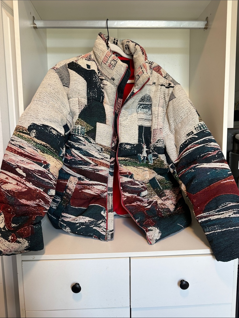 Fashion Nova Men's Patterned Puffer Jacket in Cream, Red & Green